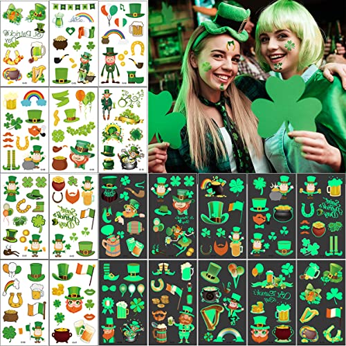 20 Blatt St. Patrick's Day Tattoo Kinder, 10 Blatt Cartoon-Tattoos und 10 Blatt im Dunkeln leuchten Aufkleber für St Patricks Day Deko Accessoires Irland Deko Zubehör Patrick Kostüm Kinder von Flyftrey