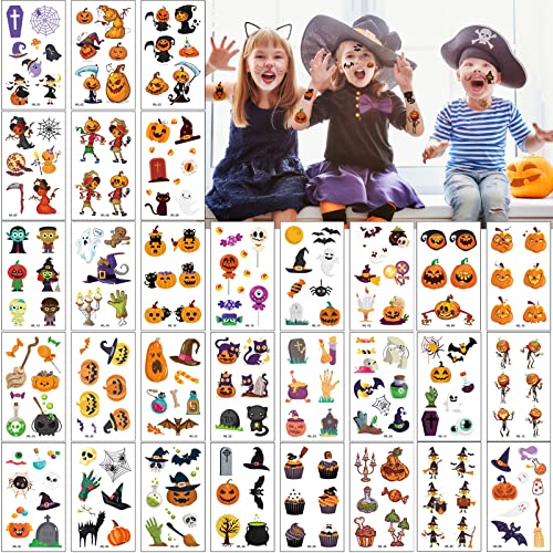 Halloween Tattoos Kinder, 30 Blatt Halloween Kinder Temporary Tattoo Aufkleber für Jungen und Mädchen, Kindergeburtstag Mitgebsel Halloween Deko Party Cosplay Zubehör von Flyftrey