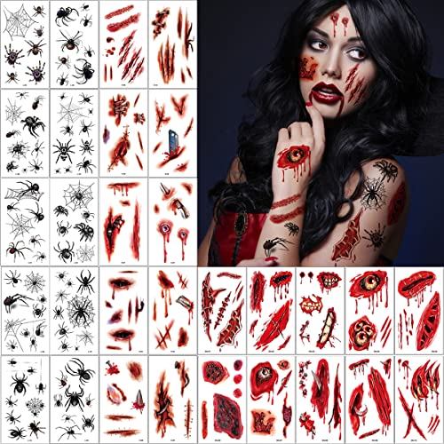 30 Blatt Halloween Tattoo, Realistisch Wirkende Spinne und Narben Wunden Temporäres Tattoo, Schaurig Blutige Zombie Vampir Tattoo für Cosplay Party Dekoration Kinder Erwachsener Makeup von Flyftrey