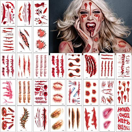 30 Blatt Halloween Temporäre Tattoo, Realistisch Wirkende Narben Wunden Tattoo, Schaurig Blutige Vampir Zombie Tattoo für Cosplay Party Deko Zubehör Kinder Erwachsener Make-up Requisiten von Flyftrey