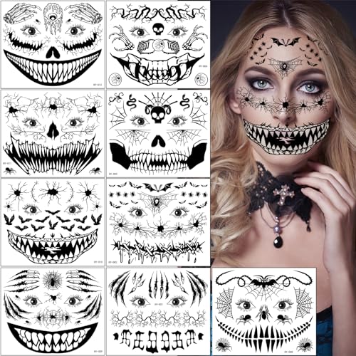 9 Blatt Halloween Gesicht Tattoos, Tag der Toten Totenkopf Skelett Spinne Skull Temporäre Tattoo Aufkleber für Männer Damen Halloween Gruselparty Mottoparty Karneval Maskerade Kostüm Accessoires von Flyftrey