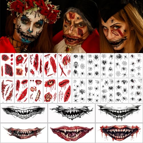 26 Blatt Halloween Tattoo, Spinne und Narben Wunden Gesichts Mund Temporäres Tattoo, Schaurig Blutige Zombie Vampir Tattoo für Tag Der Toten Cosplay Party Deko Kinder Erwachsener Kostüm Makeup von Flyftrey