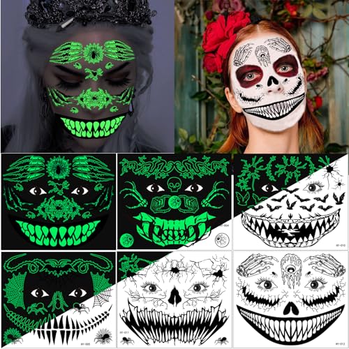 6 Blatt Halloween Gesicht Leuchtende Tattoos, Tag der Toten Totenkopf Skelett Spinne Temporäre Tattoo Aufkleber für Männer Damen Halloween Gruselparty Mottoparty Karneval Maskerade Kostüm Accessoires von Flyftrey