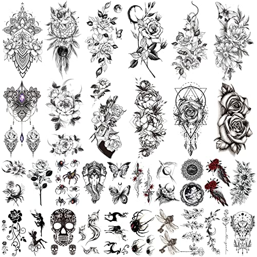 Flyftrey 32 Blätt Schwarze Temporäre Tattoos, 3D Realistisch Fake Tatoo Frauen Erwachsene Rose Spitze Lotus Anhänger Schmuck Tattoos Mädchen Damen Temporary Tattoos Zum Aufkleben von Flyftrey
