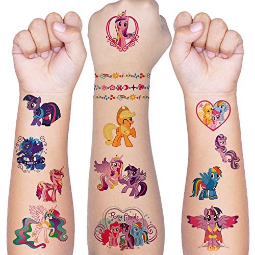 Flyftrey Tattoo Kinder, 8 Blätter My Little Pony Einhorn Temporäre Tattoo Set für Jungen Mädchen Kindertattoos Wasserdicht für Geburtstagsgeschenke Kindergeburtstag Mitgebsel Accessoires Party Deko von Flyftrey