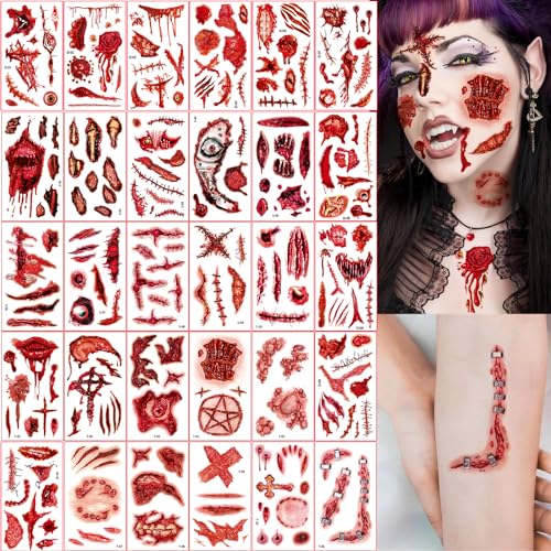 Halloween Tattoo, 30 Stück Realistisch Wirkende Narben Wunden Temporäre Tattoo, Schaurig Blutige Zombie Vampir Tattoo für Cosplay Karneval Party Deko Kinder Erwachsener Make up Requisiten Mottoparty von Flyftrey