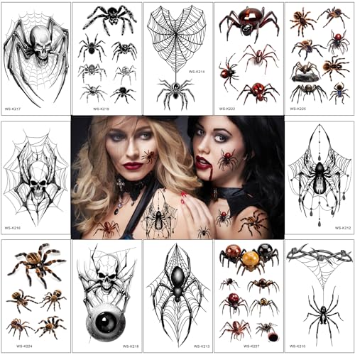 12 Blatt Halloween Spinne Tattoo, Realistisch Wirkende Spinne Temporäres Tattoo, Schaurig Zombie Vampir Tattoo für Männer Damen Halloween Gesicht Kostüm Accessoires Karneval Mottoparty Maskerade von Flyftrey