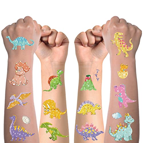 Tattoo Kinder, 10 Blätter Glitzer Dinosaurier Temporäre Tattoos Set, Wasserdichte Hautfreundliche Tattoo für Mädchen und Jungen, Geburtstagsparty Dekoration Zubehör für Kindergeburtstag Mitgebsel von Flyftrey