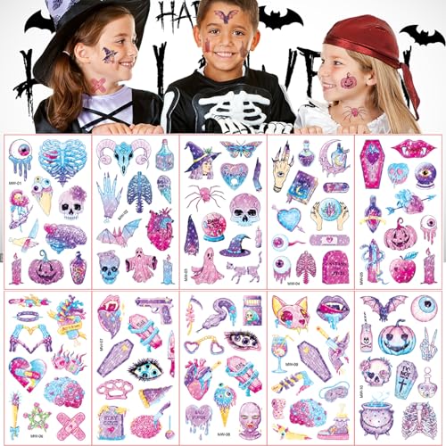 Tattoo Kinder, 10 Blätter Glitzer Halloween Temporäre Tattoos, Wasserdichte Hautfreundliche Tattoo für Mädchen und Jungen, Kindergeburtstag Mitgebsel Halloween Deko Party Cosplay Zubehör von Flyftrey