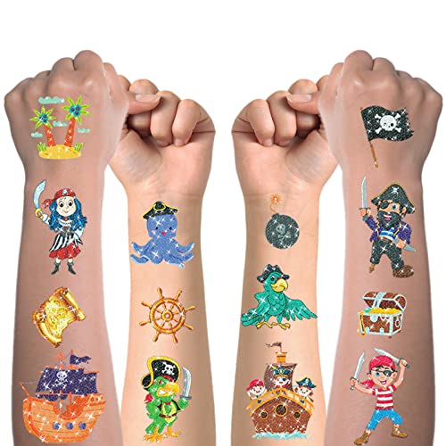 Tattoo Kinder, 10 Blätter Glitzer Pirat Temporäre Tattoos Set, Wasserdichte Hautfreundliche Tattoo für Mädchen und Jungen, Geburtstagsparty Dekoration Zubehör für Kindergeburtstag Mitgebsel von Flyftrey