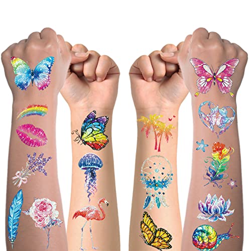 Tattoo Kinder, 10 Blätter Glitzer Schmetterling Temporäre Tattoos Set, Wasserdichte Hautfreundliche Tattoo für Mädchen und Jungen, Geburtstagsparty Dekoration Zubehör für Kindergeburtstag Mitgebsel von Flyftrey