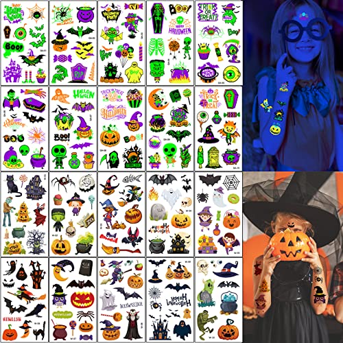 Halloween Tattoos Kinder, Enthalten 10 Blatt Fluoreszenz Halloween Tattoo und 10 Blatt Halloween Thema Temporäre Tattoo, Kindergeburtstag Mitgebsel Halloween Deko Party Cosplay Zubehör von Flyftrey