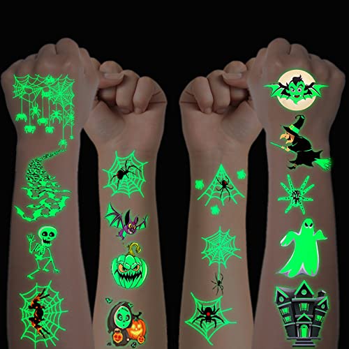 Halloween Tattoos Leuchtend, 20 Blatt Leuchten im Dunkeln Halloween Cartoon Muster Spinne Temporäre Tattoo, Leuchttattoos Kindergeburtstag Mitgebsel Halloween Deko Party Cosplay Zubehör von Flyftrey