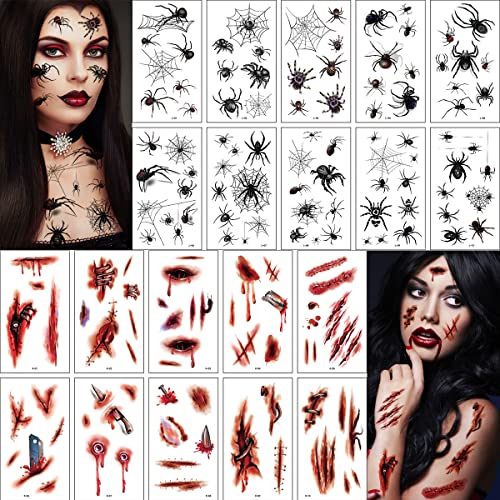 20 Blatt Halloween Temporäres Tattoo, Realistisch Wirkende Spinne und Narben Wunden Tattoo, Schaurig Blutige Zombie Vampir Tattoo für Cosplay Party Dekoration Kinder Erwachsener Makeup von Flyftrey