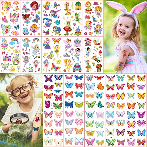 Tattoo Kinder, 20 Blätter Schmetterling und Blumenfee Thema Wasserdichte Kindertattoos, Temporäre Tattoos Aufkleber Kindergeburtstag Geschenktüten Mitgebsel Party Spielspass Spielen Festival von Flyftrey