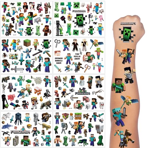 Tattoo Kinder, 8 Blätter Minecraft 200+ Temporäre Tattoo Aufkleber Set für Jungen Mädchen Kindertattoos Wasserdicht für Geburtstagsgeschenke Kindergeburtstag Mitgebsel Party Deko von Flyftrey