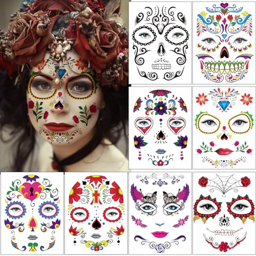 8 Blatt Halloween Gesicht Tattoos, Tag der Toten Totenkopf Skelett Spinne Skull Rote Rosen Temporäre Tattoo Aufkleber für Männer Damen Halloween Gruselparty Mottoparty Maskerade Kostüm Accessoires von Flyftrey