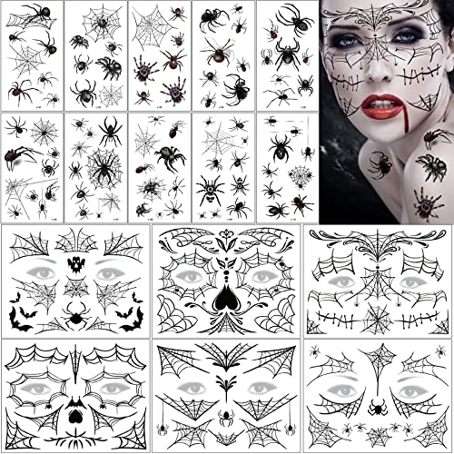 16 Blätter Halloween Gesicht Tattoos Spinne Spinnennetz Tattoos Totenkopf Skelett Rote Rosen Temporäre Tattoo für Männer Damen Halloween Dia De Los Kostüm Accessoires Karneval Mottoparty Maskerade von Flyftrey