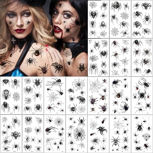 20 Blatt Halloween Spinne Tattoo, Realistisch Wirkende Spinne Temporäres Tattoo, Schaurig Zombie Vampir Tattoo für Männer Damen Halloween Gesicht Kostüm Accessoires Karneval Mottoparty Maskerade von Flyftrey