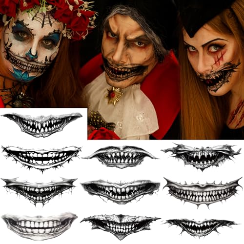 Halloween Tattoo, 10 Blatt Skull Mund Gesichts Aufkleber Wasserdichte Temporäre Tattoos, Schaurig Blutig Zombie Vampir Totenkopf Tattoo, Tag der Toten Halloween Karneval Kostüm Makeup Party Cosplay von Flyftrey