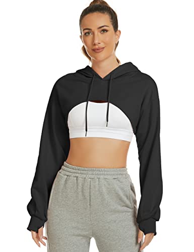 Flygo Damen Cut Out Super Cropped Hoodie Langarm Kapuzen-Sweatshirt Pullover Active Top, 01 Schwarz, S von Flygo