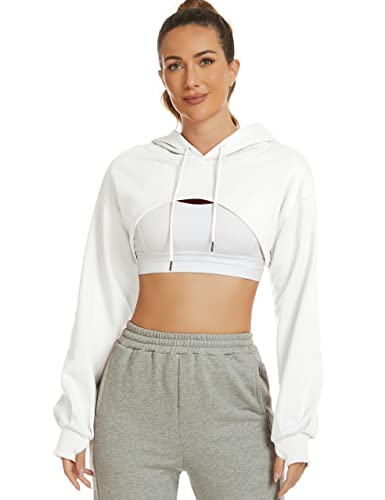 Flygo Damen Cut Out Super Cropped Hoodie Langarm Kapuzen-Sweatshirt Pullover Active Top, 01 Weiß, S von Flygo