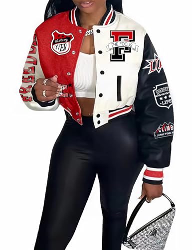 Flygo Damen Baseballjacke Cropped Y2k Varsity Bomber Uniform Jacke Streetwear, Rot/Ausflug, einfarbig (Getaway Solids), M von Flygo