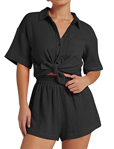 Flygo Damen Casual 2 Stück Outfits Button Down Shirt Top Papiertasche Shorts Baumwolle Leinen Sets, Schwarz, L von Flygo