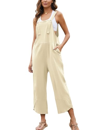 Flygo Damen Casual Baumwolle Weites Bein Overall Baggy Strampler Jumpsuit mit Taschen, Beige, Small von Flygo