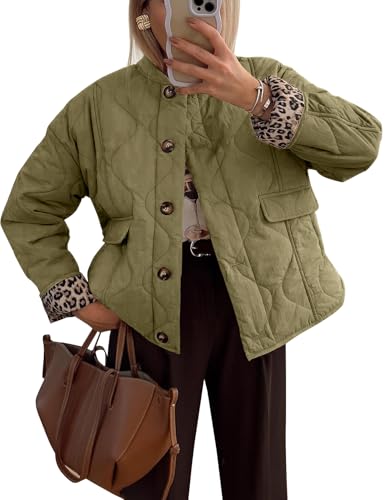 Flygo Damen Casual Steppjacke Puffer Jacke Leopard Gefüttert Kragenlos Cropped Button Down Winter Warm Leicht Bombermantel, Grün (Army Green), L von Flygo
