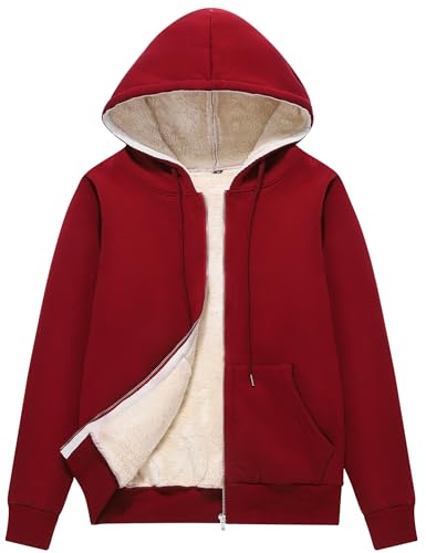 Flygo Damen Casual Winter Warm Dickes Sherpa Fleece Gefüttert Reißverschluss Kapuze Sweatshirt Jacke - Rot - Small von Flygo