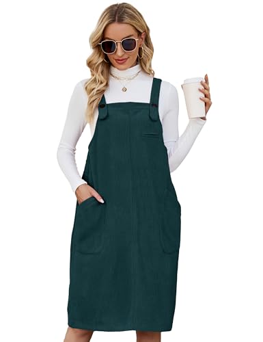 Flygo Damen Cordpullover Overall Latzhose Midikleid Rock mit Taschen, Dunkelgrün, X-Groß von Flygo