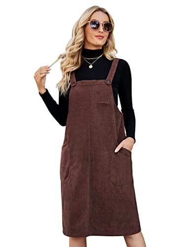 Flygo Damen Cordpullover Overall Pinafore Midikleid Rock mit Taschen, Braun, X-Groß von Flygo