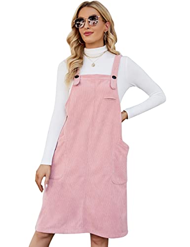 Flygo Damen Cordpullover Overall Pinafore Midikleid Rock mit Taschen, Pink, S von Flygo