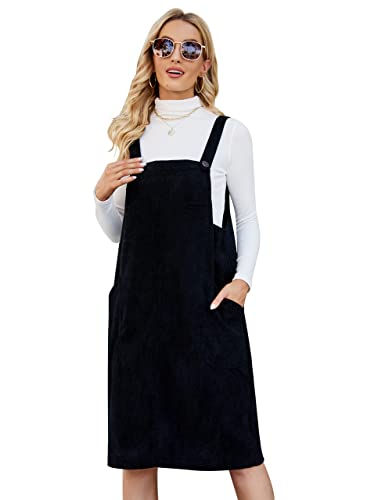 Flygo Damen Cordpullover Overall Pinafore Midikleid Rock mit Taschen, Schwarz, X-Groß von Flygo