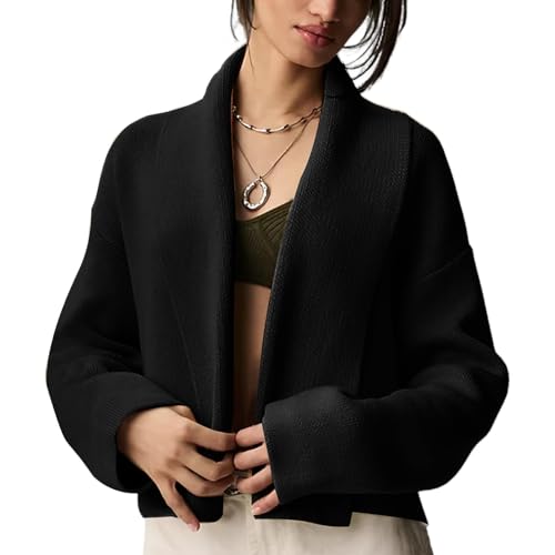 Flygo Damen Cropped Cardigan Sweater Oversized Schal Revers Grobstrick Open Front Langarm Cardigan Mantel Outwear, Schwarz, Groß von Flygo