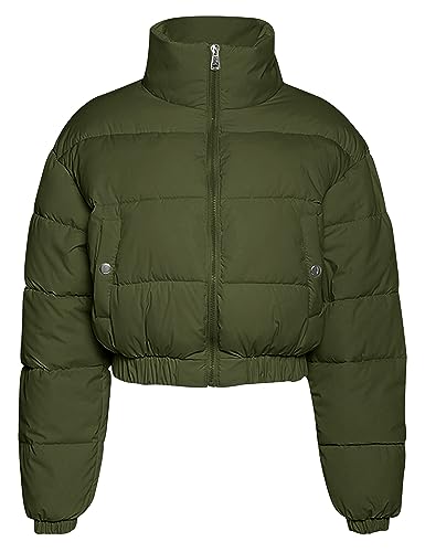 Flygo Damen Cropped Puffer Jacke Reißverschluss Stehkragen Gepolstert Winter Daunenmantel, Grün (Army Green), L von Flygo