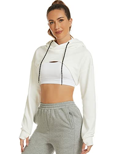 Flygo Damen Cut Out Ultra Crop Top Hoodie Langarm Kapuzenpullover Sweatshirt, Weiss/opulenter Garten, M von Flygo