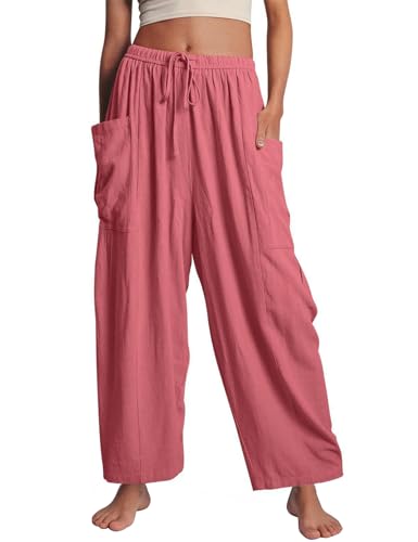 Flygo Damen Hose mit weitem Bein, Sommer, lässig, lockere Passform, Strand, Palazzo, Haremshose mit Taschen, Pink, X-Large von Flygo