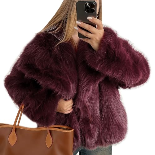 Flygo Damen Kunstpelz Mantel Flauschige Kunstpelz Jacke Langarm Revers Pelzig Winterjacken Shaggy Parka Kurzmantel, Weinrot, M von Flygo