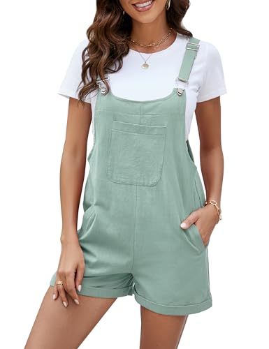 Flygo Damen Kurze Overalls Sommer Casual Baumwolle Leinen Verstellbare Trägerhose Shortalls Jumpsuits Strampler Shorts mit Taschen, cyan, Medium von Flygo