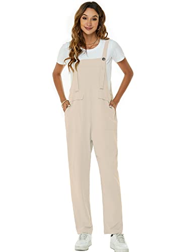 Flygo Damen Lose Baggy Weites Bein Baumwolle Leinen Overall Jumpsuit Haremshose, beige, Small von Flygo