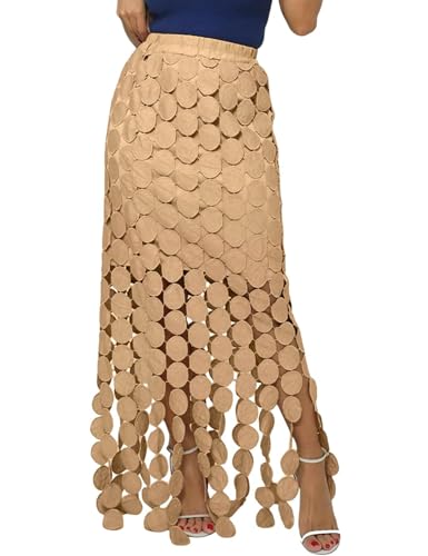 Flygo Damen-Maxirock 2025, Sommer, Boho, ausgehöhlter Fransensaum, hohe Taille, Spitze, lange Röcke für Party, Hochzeit, Strand, Khaki, Groß von Flygo