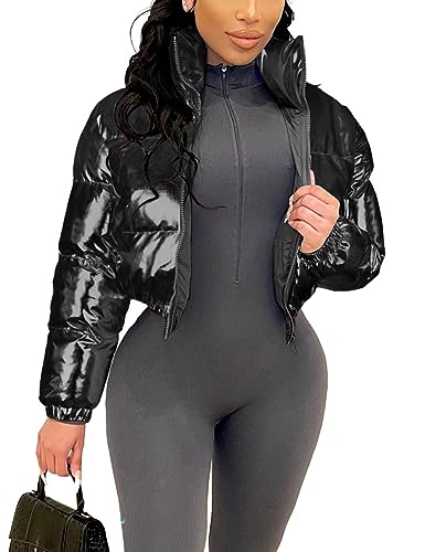 Flygo Damen Metallic Glänzend Cropped Steppjacke Puffer Jacke Reißverschluss Gepolstert Daunenmantel Oberbekleidung, Schwarz, Groß von Flygo