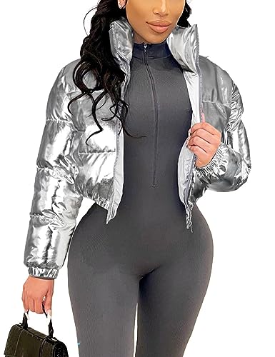 Flygo Damen Metallic Glänzend Cropped Steppjacke Puffer Jacke Reißverschluss Gepolstert Daunenmantel Oberbekleidung, silber, Mittel von Flygo