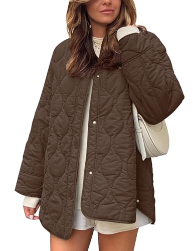 Flygo Damen Oversized Leichte Steppjacke Knopfleiste Puffer Gepolsterte Oberbekleidung mit Tasche, Kaffee, M von Flygo
