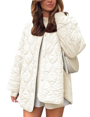 Flygo Damen Oversized Steppjacke Leichte Jacke Knopfleiste Puffer Gepolsterte Oberbekleidung mit Tasche, Beige, L von Flygo