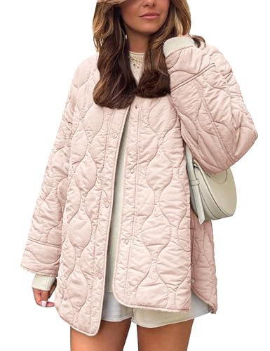 Flygo Damen Oversized Steppjacke Leichte Jacke Knopfleiste Puffer Gepolsterte Oberbekleidung mit Tasche, Pink, XL von Flygo