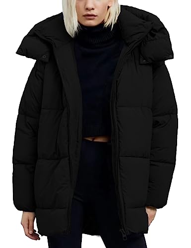 Flygo Damen-Pufferjacke mit Kapuze, gesteppt, mittellang, gepolstert, warm, für den Winter, schwer, Oberbekleidung, Schwarz, Mittel von Flygo