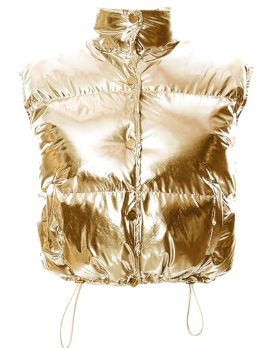 Flygo Damen Winter Crop Weste Metallic Gesteppte Daunenweste Ärmellos Puffer Jacke, Gold, S von Flygo